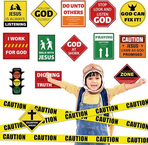 QOUBAI 18PCS Religious Construction Cutouts VBS Traffic Road Sign for Jesus Birthday Construction Classroom Bulletin Board Decoration with Caution Tape for God Christian Sunday School Bible Wall Decor in Kuwait