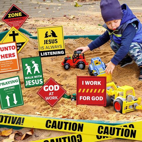 QOUBAI 18PCS Religious Construction Cutouts VBS Traffic Road Sign for Jesus Birthday Construction Classroom Bulletin Board Decoration with Caution Tape for God Christian Sunday School Bible Wall Decor in Kuwait