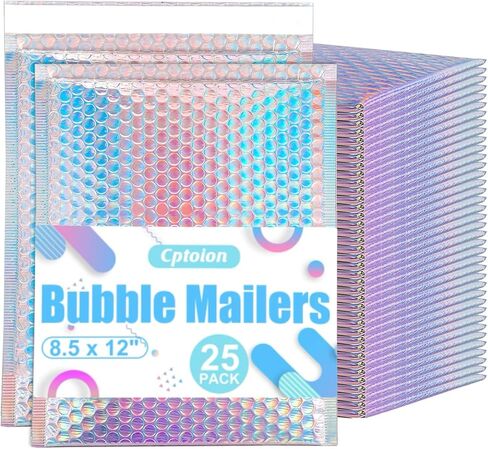 25 Pack Holographic Bubble Mailers 8 x 11 Inch, Self Seal Protective Padded Envelopes, Waterproof & Durable Shipping Bags, Cushioned for Safe Mailing, Silver Foil Peel & Seal in Saudi Arabia