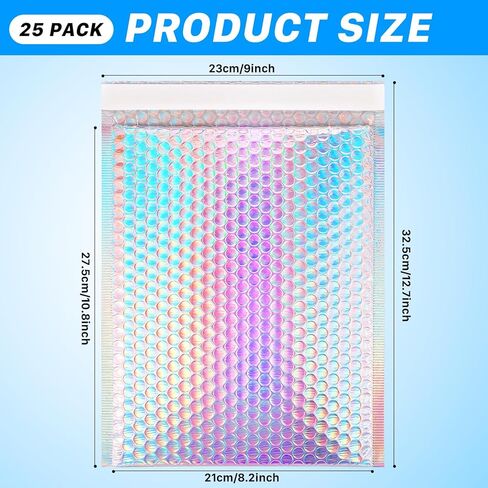 25 Pack Holographic Bubble Mailers 8 x 11 Inch, Self Seal Protective Padded Envelopes, Waterproof & Durable Shipping Bags, Cushioned for Safe Mailing, Silver Foil Peel & Seal in Saudi Arabia