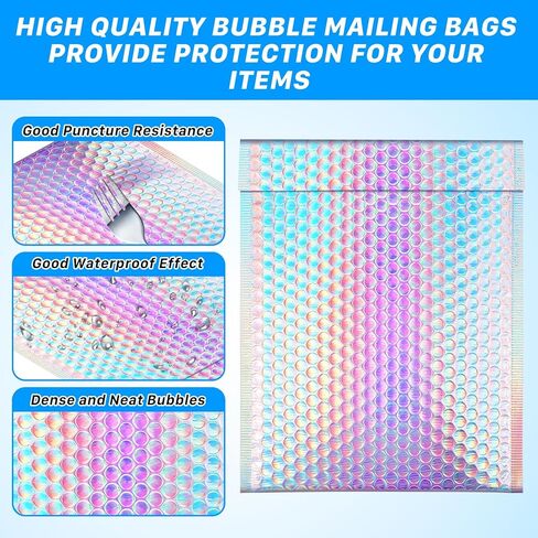 25 Pack Holographic Bubble Mailers 8 x 11 Inch, Self Seal Protective Padded Envelopes, Waterproof & Durable Shipping Bags, Cushioned for Safe Mailing, Silver Foil Peel & Seal in Saudi Arabia