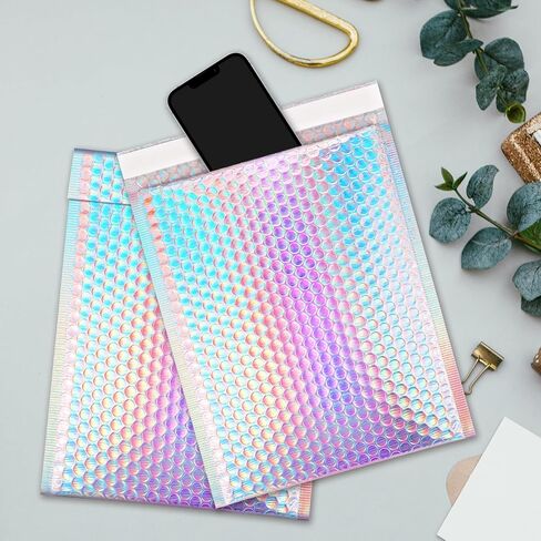 25 Pack Holographic Bubble Mailers 8 x 11 Inch, Self Seal Protective Padded Envelopes, Waterproof & Durable Shipping Bags, Cushioned for Safe Mailing, Silver Foil Peel & Seal in Saudi Arabia