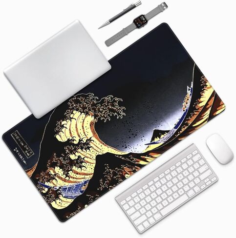Anime Mouse Pad Great Wave Dark Brown Large Mouse Pad Desk Mat XL Extended Gaming Mousepad Vivid Printing Rubber Base Smooth Surface Stitched Edges for PC Gamer Office 15.7x29.5in in Kuwait