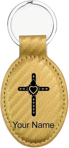 LaserGram Oval Keychain, Cross with Heart, Personalized Engraving Included (Light Blue) in Kuwait