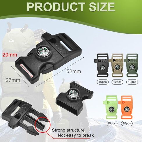 CooBigo 10 Pack 3/4 Inch Assorted Paracord Bracelets Buckles, Plastic Compass Whistle Buckle for Bracelets Clasp Clip Outdoor Camping Emergency Survival Travel Accessories in Kuwait