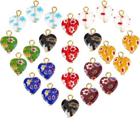 PH PandaHall 24pcs 8 Colors Millefiori Lampwork Glass Pendants 16mm Heart Pendants Colorful Loose Dangle Charms with Iron Loop for Jewelry Bracelet Neclace Choker Crafts Making in Kuwait