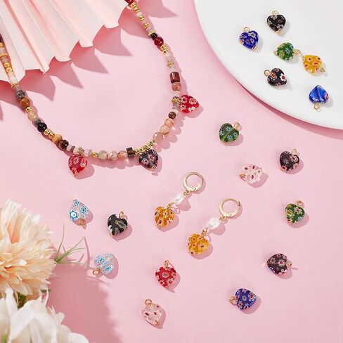 PH PandaHall 24pcs 8 Colors Millefiori Lampwork Glass Pendants 16mm Heart Pendants Colorful Loose Dangle Charms with Iron Loop for Jewelry Bracelet Neclace Choker Crafts Making in Kuwait