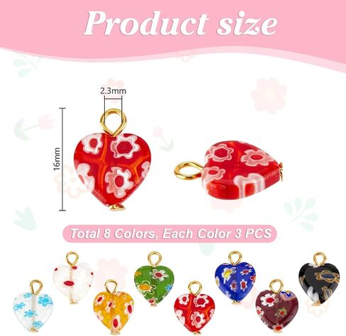 PH PandaHall 24pcs 8 Colors Millefiori Lampwork Glass Pendants 16mm Heart Pendants Colorful Loose Dangle Charms with Iron Loop for Jewelry Bracelet Neclace Choker Crafts Making in Kuwait