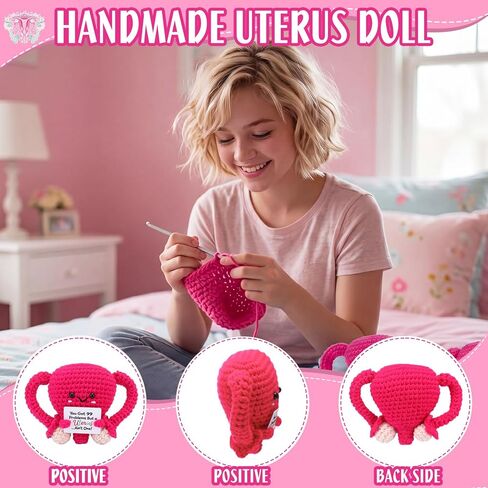 Handmade Stuffed Uterus Plush Toy Crochet Uterus Gifts Set Include Handcranked Bell and Card Hysterectomy Recovery Gifts for Women Nurse Endometriosis Awareness Feminist Fertility in Kuwait