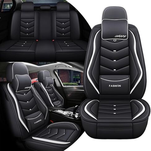 Car Seat Covers Full Set for VW ID.4 2021-2025 Leather Seat Covers, Waterproof Non-Slip Breathable and Wear Seat Cover, Car Seat Protector Adapted Airbags（Luxury, Black+White） in Saudi Arabia
