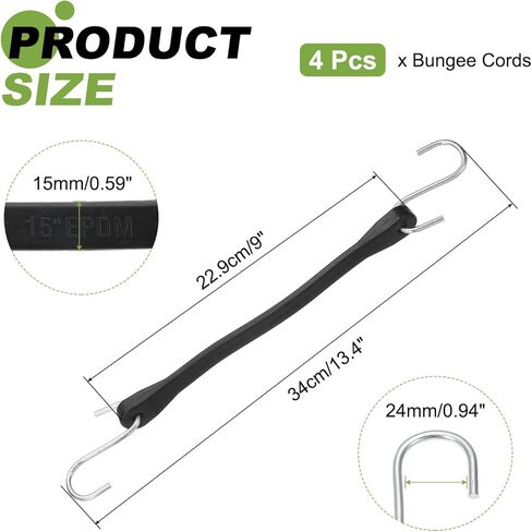 uxcell 4Pcs 9" Bungee Cords with Hooks, Heavy Duty Rubber Bungee Straps with Metal Crimped S Hooks for Securing Tarps Cargo Trucks Canvases, Camping Gear, Black in Kuwait