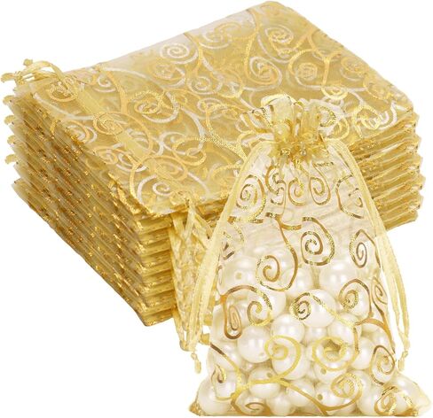 G2PLUS Organza Gift Bags 5x7 Inches - 50Pcs Sheer Mesh Organza Bags with Gold Rattan Printed, Drawstring Tulle Jewelry Pouches for Wedding, Christmas Party Favors in Kuwait