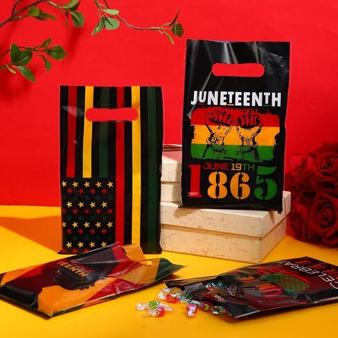 Chivertion 100 Pieces Juneteenth Plastic Gift Bags Bulk 1865 June 19th Merchandise Treat Bags Juneteenth Black Party Favors Candy Bags for African Afro Party Supplies in Kuwait