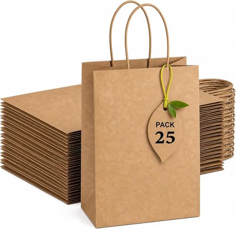 25 pcs Brown Paper Gift Bags with Handles 8x4.5x10 Brown Kraft Paper Bags, Party Favor Bags Sacks, Recyclable Medium Gift Bags with Handles Bulk in Kuwait