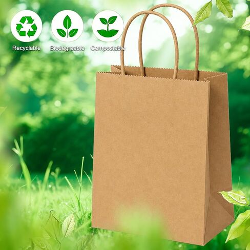 25 pcs Brown Paper Gift Bags with Handles 8x4.5x10 Brown Kraft Paper Bags, Party Favor Bags Sacks, Recyclable Medium Gift Bags with Handles Bulk in Kuwait