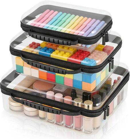 3 Pack Clear Hard Shell Zipper Case Deep Travel Essentials Waterproof PET Hard Plastic Pouches for Home Organization Toy Storage Art Supplies Makeup Cosmetic Portable Storage Bins Tote Organizer in Saudi Arabia