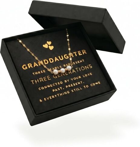 Gold Three Generations Necklace for Grandma with Card and Gift Box, 3 Freshwater Pearls on Gold Plated Chain, Meaningful Nana and Granddaughter Jewelry Gift for Birthday, Mother's Day in Saudi Arabia