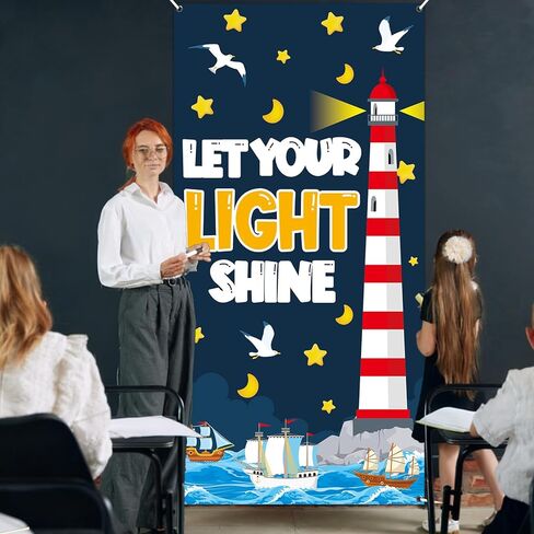 Christian Religious Door Cover VBS Let Your Light Shine Classroom Decoration Lighthouse Sunday School Bible Verse Hanging Backdrop for Church Back to School Home Office Wall Indoor Outdoor Decor in Kuwait