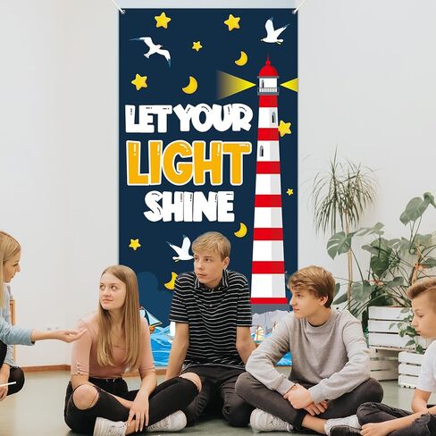 Christian Religious Door Cover VBS Let Your Light Shine Classroom Decoration Lighthouse Sunday School Bible Verse Hanging Backdrop for Church Back to School Home Office Wall Indoor Outdoor Decor in Kuwait