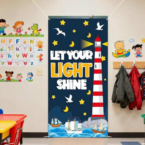 Christian Religious Door Cover VBS Let Your Light Shine Classroom Decoration Lighthouse Sunday School Bible Verse Hanging Backdrop for Church Back to School Home Office Wall Indoor Outdoor Decor in Kuwait