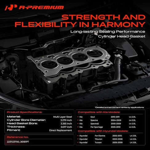A-Premium L4 2.0L Engine Cylinder Head Gasket Compatible with Hyundai Elantra 2002-2012, Tiburon 2003-2008, Tucson 2005-2009 & Kia Soul 2010-2011, Sportage 2005-2010, Spectra 2004-2009, Spectra5 in Kuwait