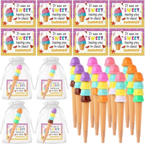 36 Sets End of Year Student Gift form Teacher Ice Cream Pens Gift with Cards Organza Bags Colorful End of Term Appreciation Gifts Summer Ice Cream Graduation Gifts for Students Classroom Party Favors in Saudi Arabia