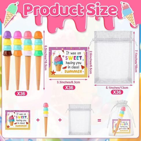 36 Sets End of Year Student Gift form Teacher Ice Cream Pens Gift with Cards Organza Bags Colorful End of Term Appreciation Gifts Summer Ice Cream Graduation Gifts for Students Classroom Party Favors in Saudi Arabia