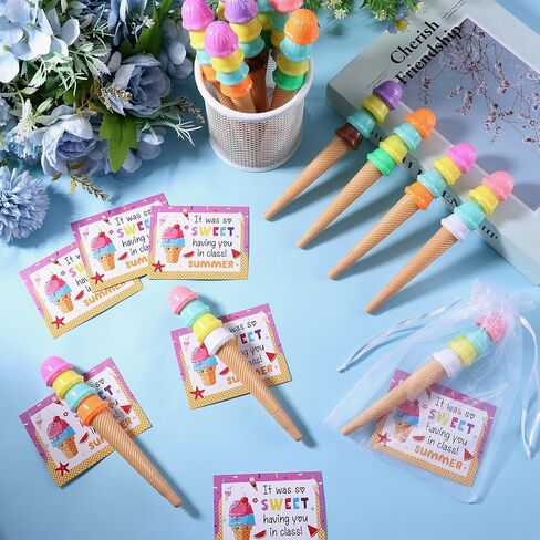 36 Sets End of Year Student Gift form Teacher Ice Cream Pens Gift with Cards Organza Bags Colorful End of Term Appreciation Gifts Summer Ice Cream Graduation Gifts for Students Classroom Party Favors in Saudi Arabia