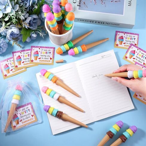 36 Sets End of Year Student Gift form Teacher Ice Cream Pens Gift with Cards Organza Bags Colorful End of Term Appreciation Gifts Summer Ice Cream Graduation Gifts for Students Classroom Party Favors in Saudi Arabia