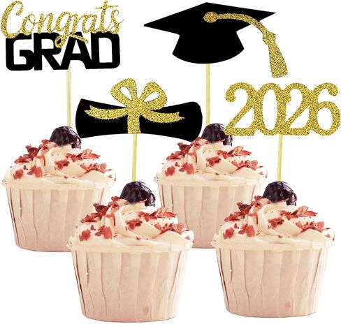 2026 Graduation Cupcake Toppers, 48 PCS Food/Appetizer Picks For Graduation Party Mini Cake Decorations, Diploma, 2026, Grad Cap Set 48 Pieces (Gold) in Kuwait