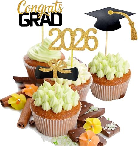 2026 Graduation Cupcake Toppers, 48 PCS Food/Appetizer Picks For Graduation Party Mini Cake Decorations, Diploma, 2026, Grad Cap Set 48 Pieces (Gold) in Kuwait
