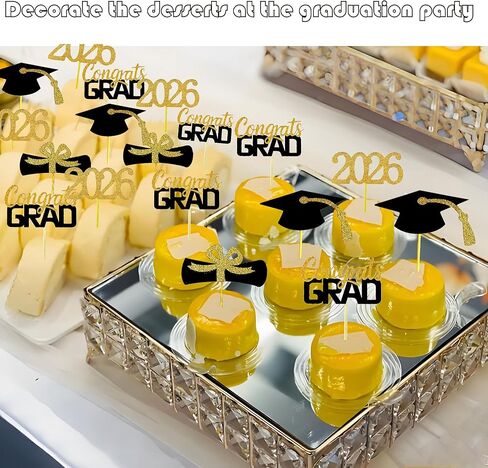 2026 Graduation Cupcake Toppers, 48 PCS Food/Appetizer Picks For Graduation Party Mini Cake Decorations, Diploma, 2026, Grad Cap Set 48 Pieces (Gold) in Kuwait