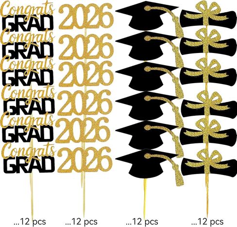 2026 Graduation Cupcake Toppers, 48 PCS Food/Appetizer Picks For Graduation Party Mini Cake Decorations, Diploma, 2026, Grad Cap Set 48 Pieces (Gold) in Kuwait