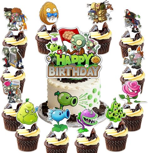 25Pcs Plants Zombie Birthday Party Supplies Pack Includes 1 Cake Topper 24 Cupcake Toppers for Plants Zombie Party Supplies in Saudi Arabia