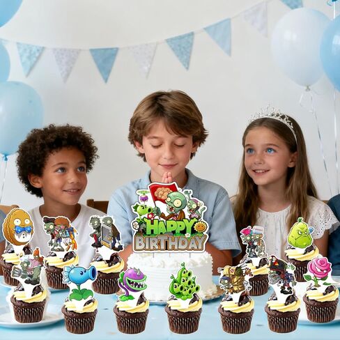 25Pcs Plants Zombie Birthday Party Supplies Pack Includes 1 Cake Topper 24 Cupcake Toppers for Plants Zombie Party Supplies in Saudi Arabia