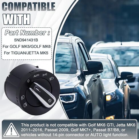 Generic Auto Headlight Sensor Chrome Switch, Replacement for 5ND 941 431 B, Fits for Golf MK5 / Golf MK6 / Tiguan/Jetta MK5, Automatic Headlight On/Off in Kuwait