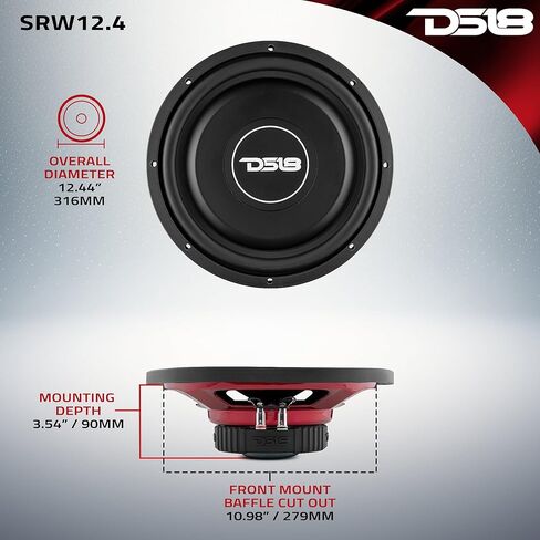 DS18 SRW12.4 Shallow Subwoofer - 12" Speaker, 440 MAX Power, 220W RMS, Rubber Edge and Paper Cone, Red Steel Basket, Voice Coil 4 Ohm Impedance in Saudi Arabia