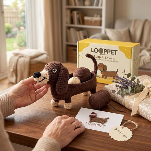 طقم كروشيه LOOPPET Dachshund للمبتدئين، مجموعة حياكة حامل أقلام حيوانات ذاتية الصنع مع خيوط سهلة مقاومة للاهتراء ودروس فيديو خطوة بخطوة، هدايا حرفية لطيفة لمحبي الأم والكلاب in Kuwait