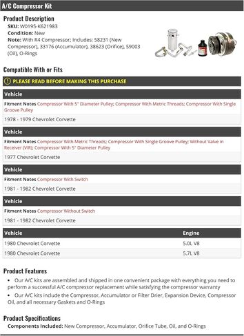 مجموعة ضاغط مكيف الهواء لقطع غيار السيارات من Marketplace - متوافقة مع سيارة تشيفي كورفيت 1977-1982 in Kuwait