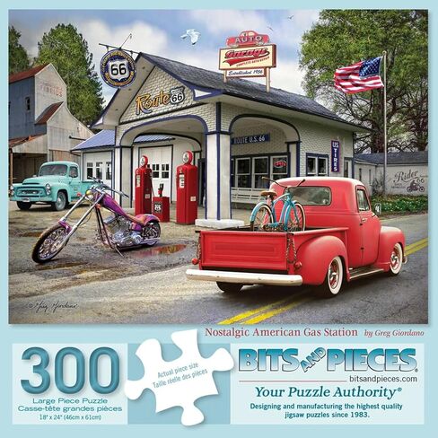 Bits and Pieces 300 Piece Puzzles for Adults - Nostalgic American Gas Station - 300 Large Pieces 18" x 24" Jigsaw Puzzles, Vintage Cars Summer Scene, No 2 Pieces Alike in Kuwait