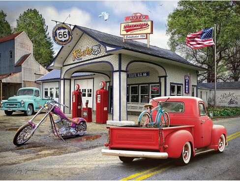 Bits and Pieces 300 Piece Puzzles for Adults - Nostalgic American Gas Station - 300 Large Pieces 18" x 24" Jigsaw Puzzles, Vintage Cars Summer Scene, No 2 Pieces Alike in Kuwait