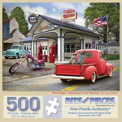 Bits and Pieces 300 Piece Puzzles for Adults - Nostalgic American Gas Station - 300 Large Pieces 18" x 24" Jigsaw Puzzles, Vintage Cars Summer Scene, No 2 Pieces Alike in Kuwait