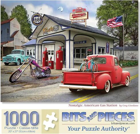 Bits and Pieces 300 Piece Puzzles for Adults - Nostalgic American Gas Station - 300 Large Pieces 18" x 24" Jigsaw Puzzles, Vintage Cars Summer Scene, No 2 Pieces Alike in Kuwait