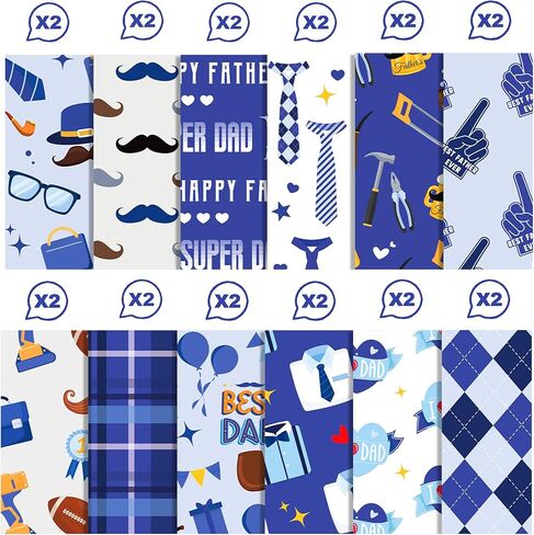 Happy Father's Day Scrapbook Paper - 24 Sheets Happy Father's Day Pattern Paper 12" x 12" Blue Black Daddy Beard Tie Stripe Plaid Double-Sided Decorative Craft Papers for Scrapbooking DIY Card Making in Kuwait