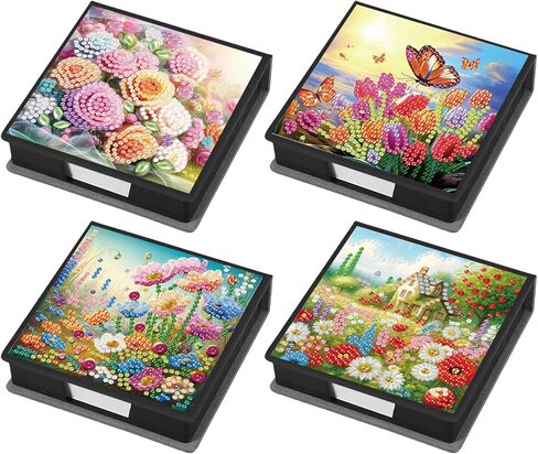 POETRYDRAW 4 Pcs Diamond Art Painting Kit Note Box, Diamond Art Notecard Box Sticky Note Holder for Adults Memo Pad Holder, Contains 160 Sheets of Paper (Vase) in Saudi Arabia