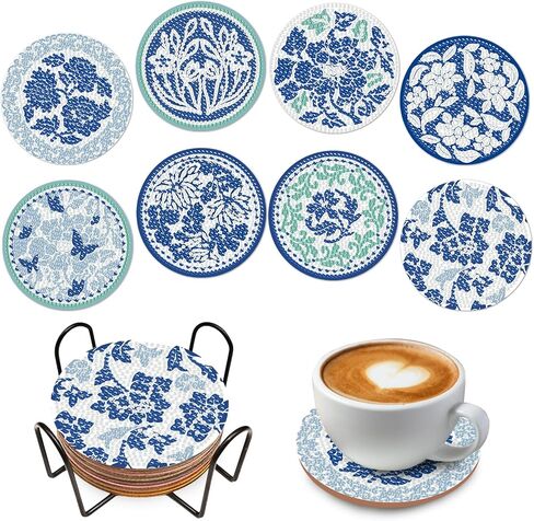 Blue Floral Diamond Art Coasters with Holder Set of 8, Chinoiserie Flower Diamond Painting Kit Acrylic Drink Coasters Adult DIY Craft, 4'' Non-Slip Coffee Cup Mat Home Decor Housewarming Gifts in Saudi Arabia