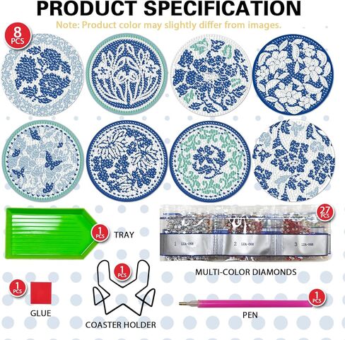 Blue Floral Diamond Art Coasters with Holder Set of 8, Chinoiserie Flower Diamond Painting Kit Acrylic Drink Coasters Adult DIY Craft, 4'' Non-Slip Coffee Cup Mat Home Decor Housewarming Gifts in Saudi Arabia