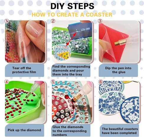 Blue Floral Diamond Art Coasters with Holder Set of 8, Chinoiserie Flower Diamond Painting Kit Acrylic Drink Coasters Adult DIY Craft, 4'' Non-Slip Coffee Cup Mat Home Decor Housewarming Gifts in Saudi Arabia