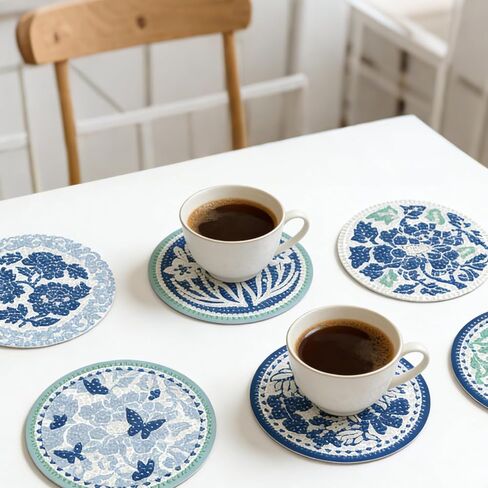 Blue Floral Diamond Art Coasters with Holder Set of 8, Chinoiserie Flower Diamond Painting Kit Acrylic Drink Coasters Adult DIY Craft, 4'' Non-Slip Coffee Cup Mat Home Decor Housewarming Gifts in Saudi Arabia