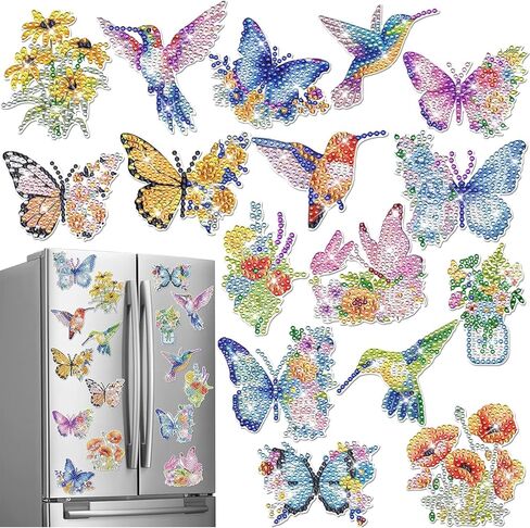 16 PCS Small Diamond Art Magnets, DIY Butterfly Hummingbird Flower Colorful Diamond Painting Magnets for Kids Adults Beginners Fridge DIY Crafts Home Decors in Saudi Arabia